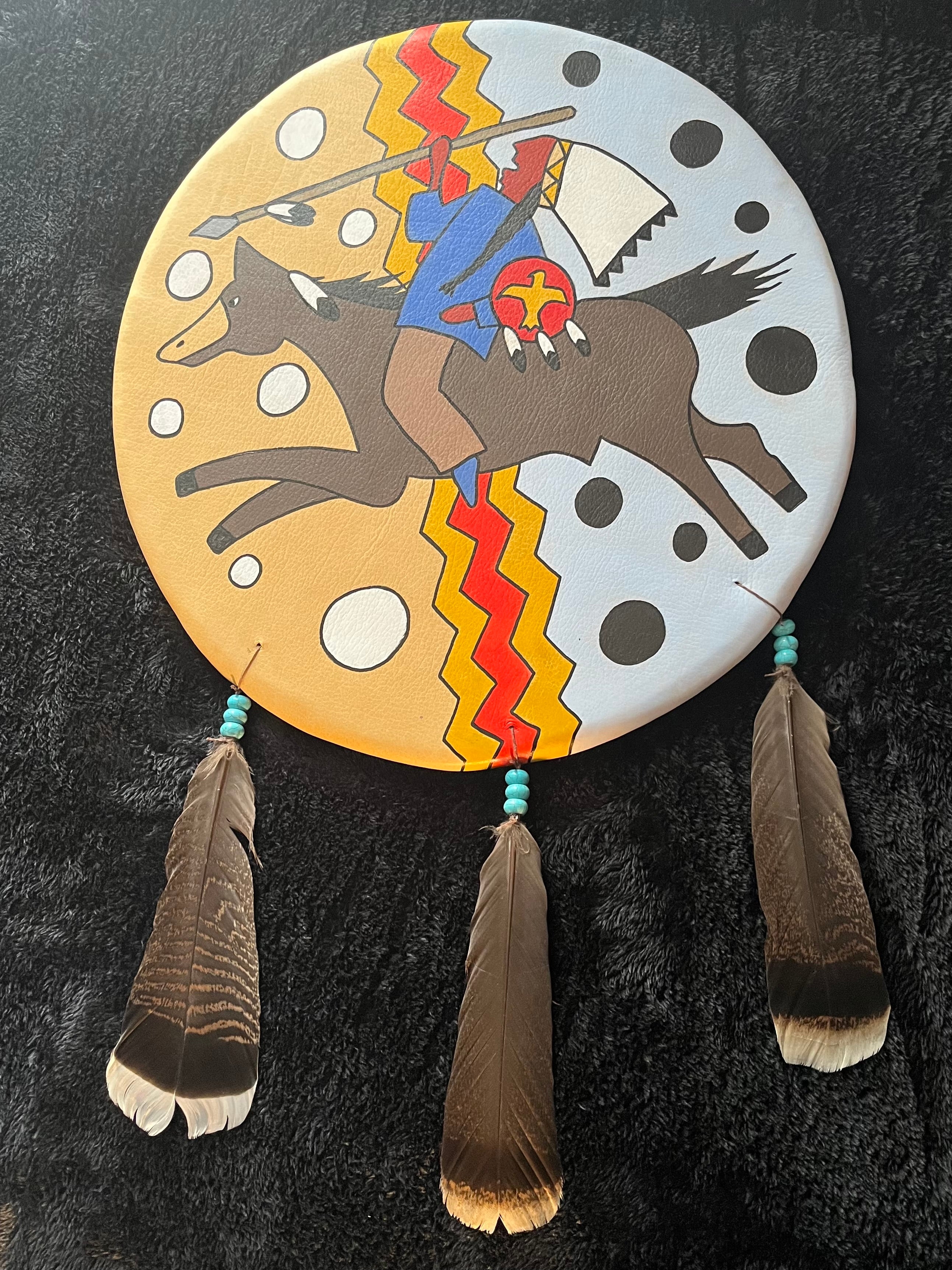 Plains Style Buffalo hide Spirit Shield (hand-painted, Cherokee-Made, Appx. 17x27”