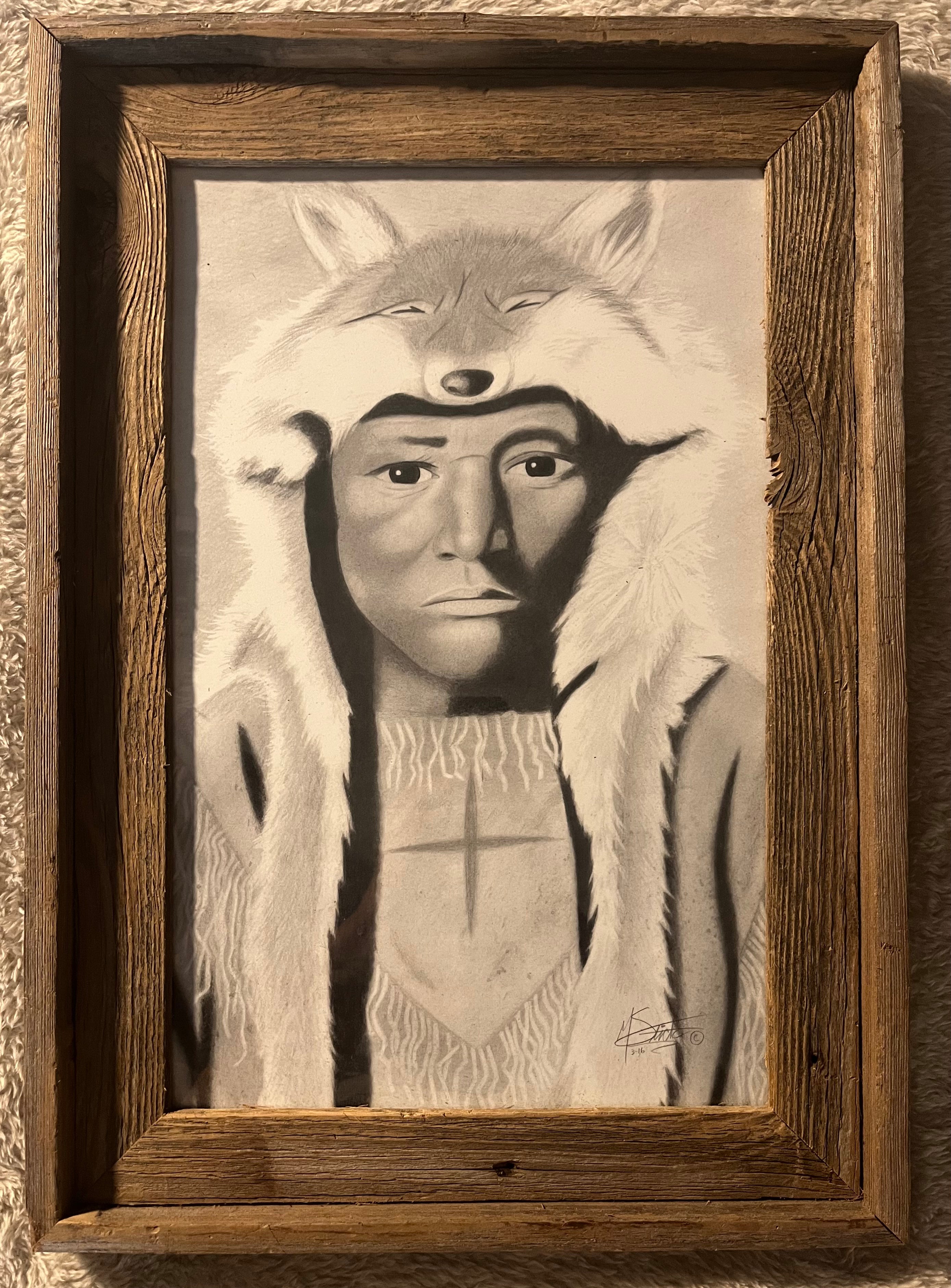 “Fox Headdress” (9x16”) Original framed drawing by Matt “Ekwa” Stick